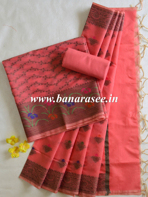 Banarasee Chanderi Cotton Salwar Kameez Fabric With Ghiccha Work-Peach