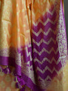 Banarasee Salwar Kameez Glossy Semi Silk Fabric With Zari Jaal Design-Yellow & Purple