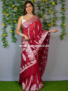 Banarasee Handwoven Semi-Chiffon Saree With Silver Zari Design & Contrast Blouse-Red