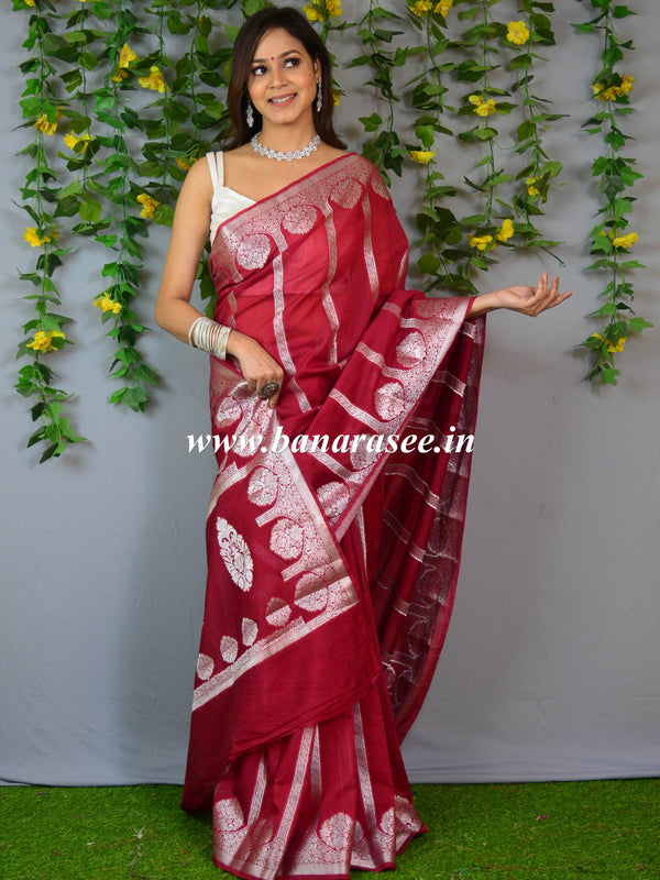 Banarasee Handwoven Semi-Chiffon Saree With Silver Zari Design & Contrast Blouse-Red