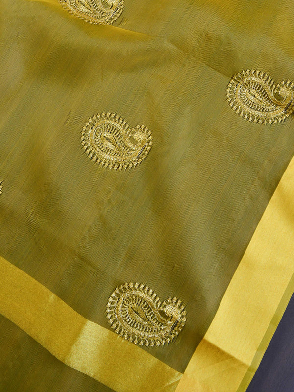 Banarasee Embroidered Gold Buta Design Organza Dupatta-Yellow