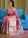 Banarasee Handwoven Broad Border Silver Zari Buta Design Tissue Saree-Pink