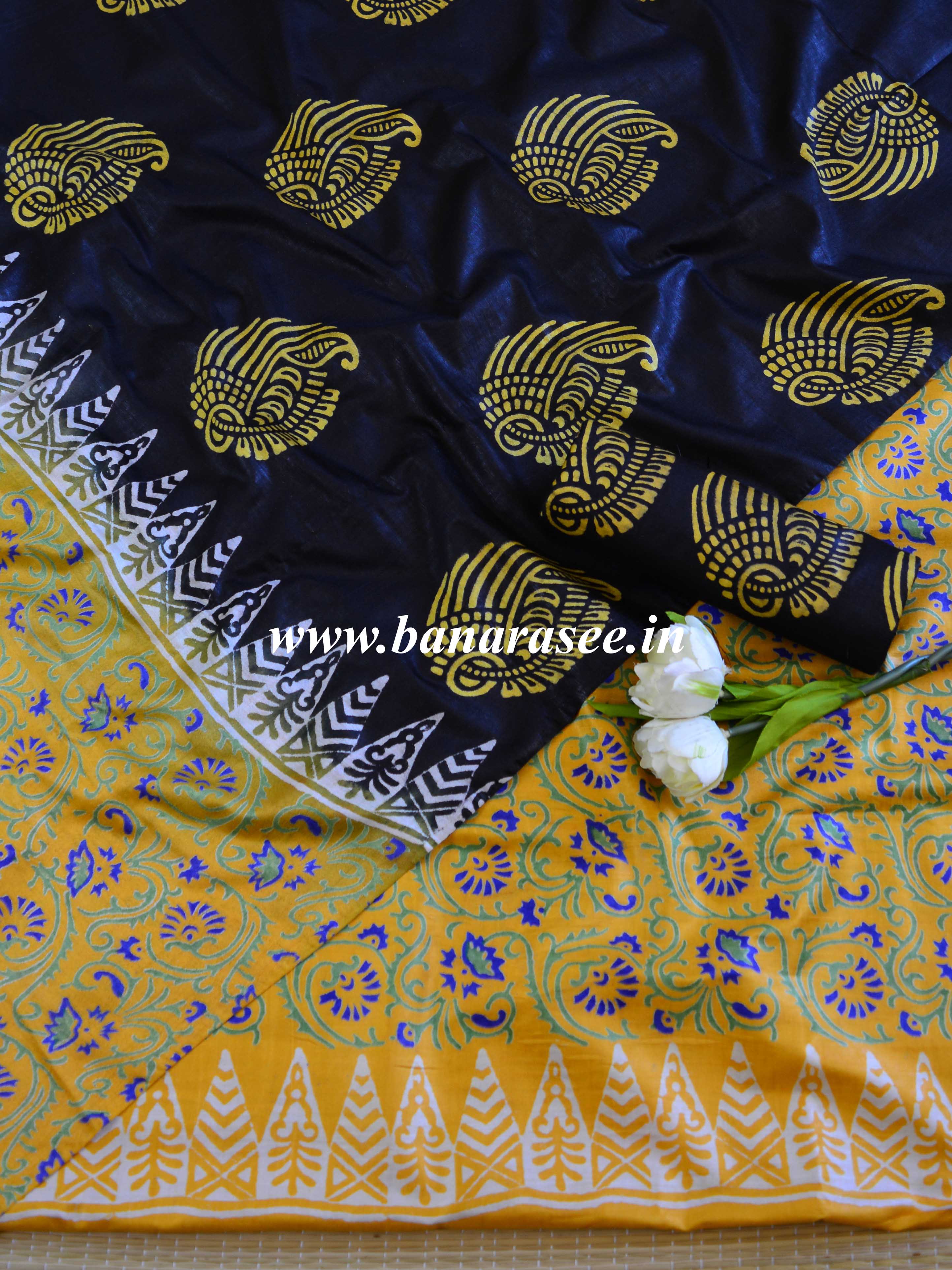 Bhagalpuri Salwar Kameez Glossy Cotton Silk Hand-Block Printed Fabric-Yellow & Black