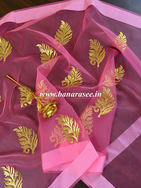 Banarasee Embroidered Gold Buta Design Organza Dupatta-Pink