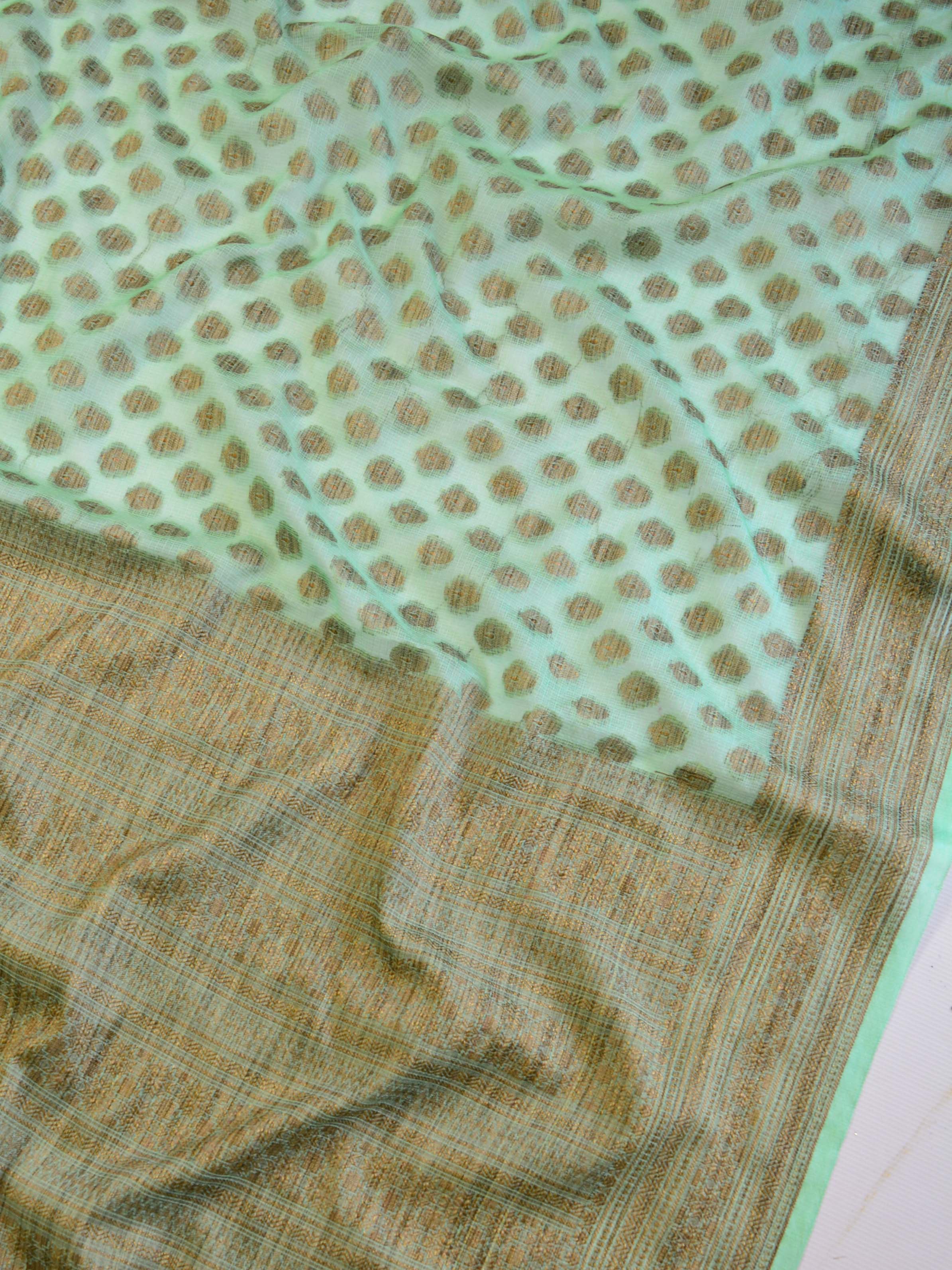 Banarasee Handwoven Kota Silk Mix Sari With Ghichha Buti & Yellow Blouse-Green