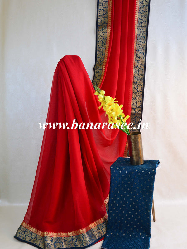 Banarasee Chiffon Blend Saree With Zari Border & Brocade Blouse-Red & Blue
