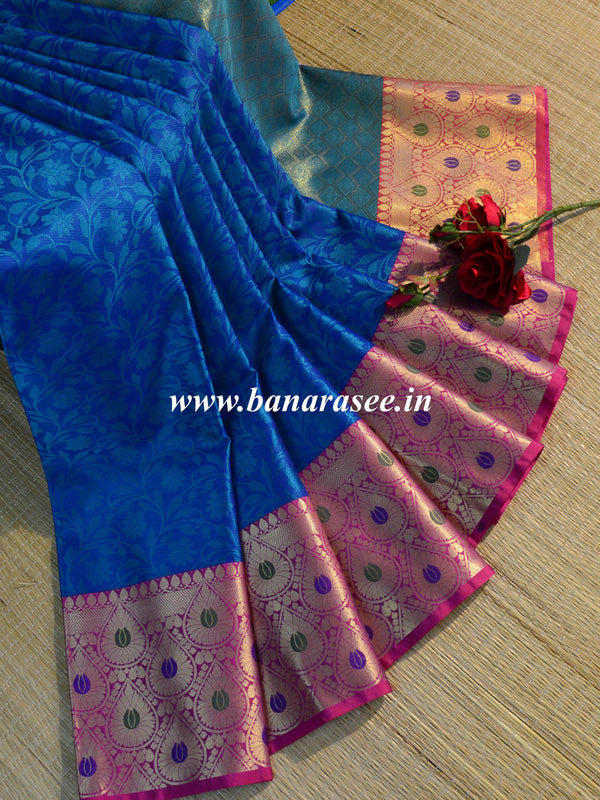 Banarasee Kora Muslin Saree With Self-Weaving Jaal Design & Skirt Border-Blue