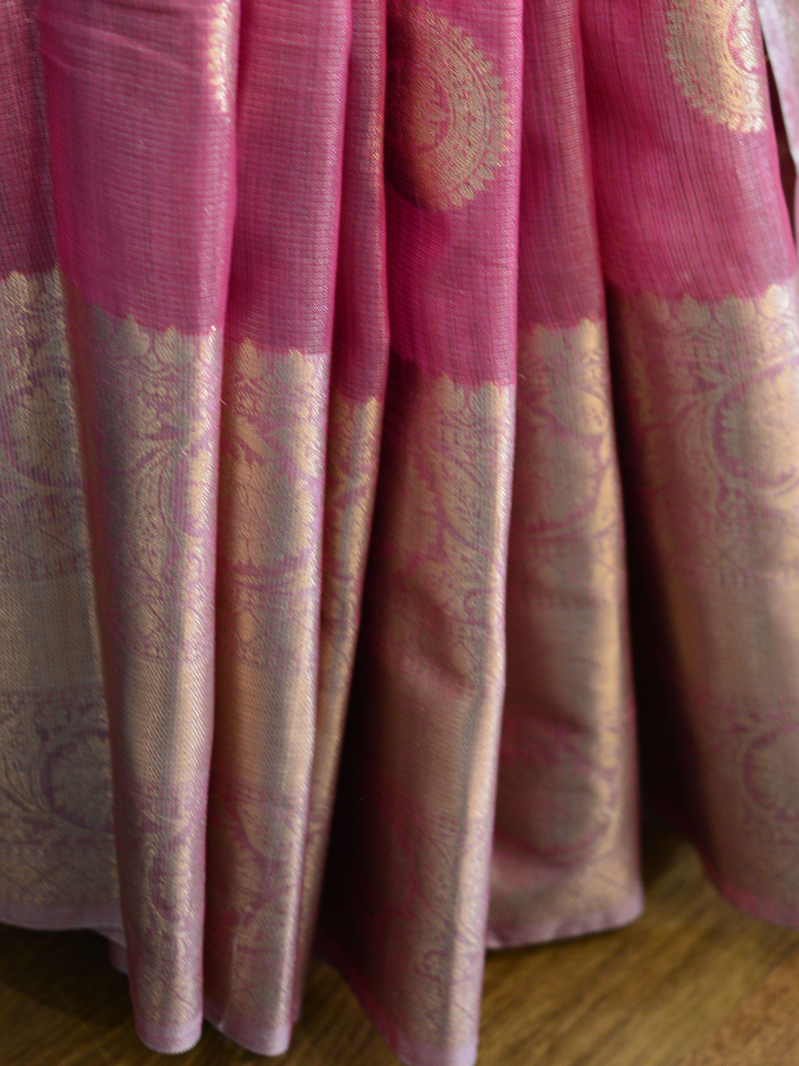Banarasee Handwoven Broad Border Silver Zari Buta Design Tissue Saree-Pink