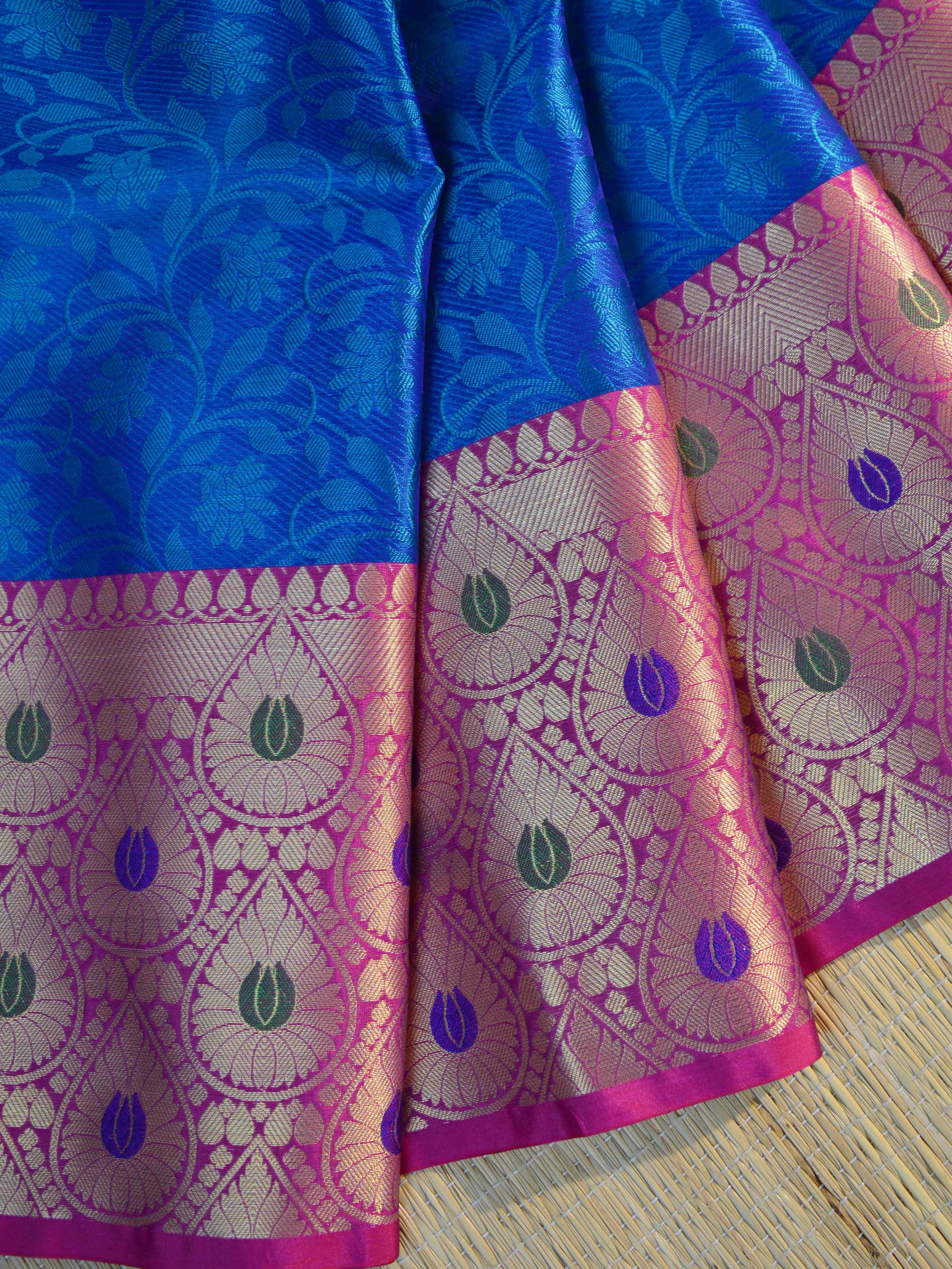 Banarasee Kora Muslin Saree With Self-Weaving Jaal Design & Skirt Border-Blue