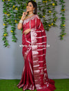 Banarasee Handwoven Semi-Chiffon Saree With Silver Zari Design & Contrast Blouse-Red
