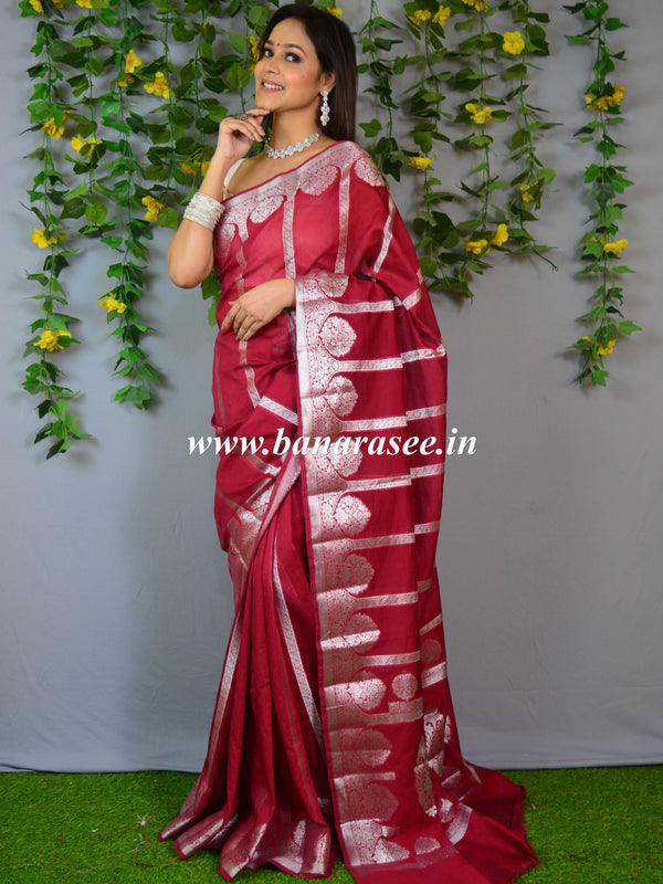 Banarasee Handwoven Semi-Chiffon Saree With Silver Zari Design & Contrast Blouse-Red