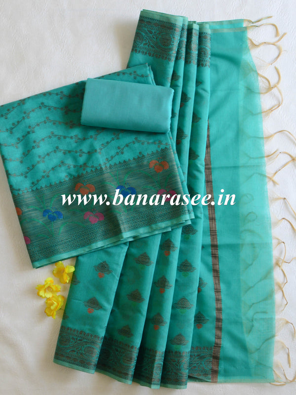 Banarasee Chanderi Cotton Salwar Kameez Fabric With Ghiccha Work-Green