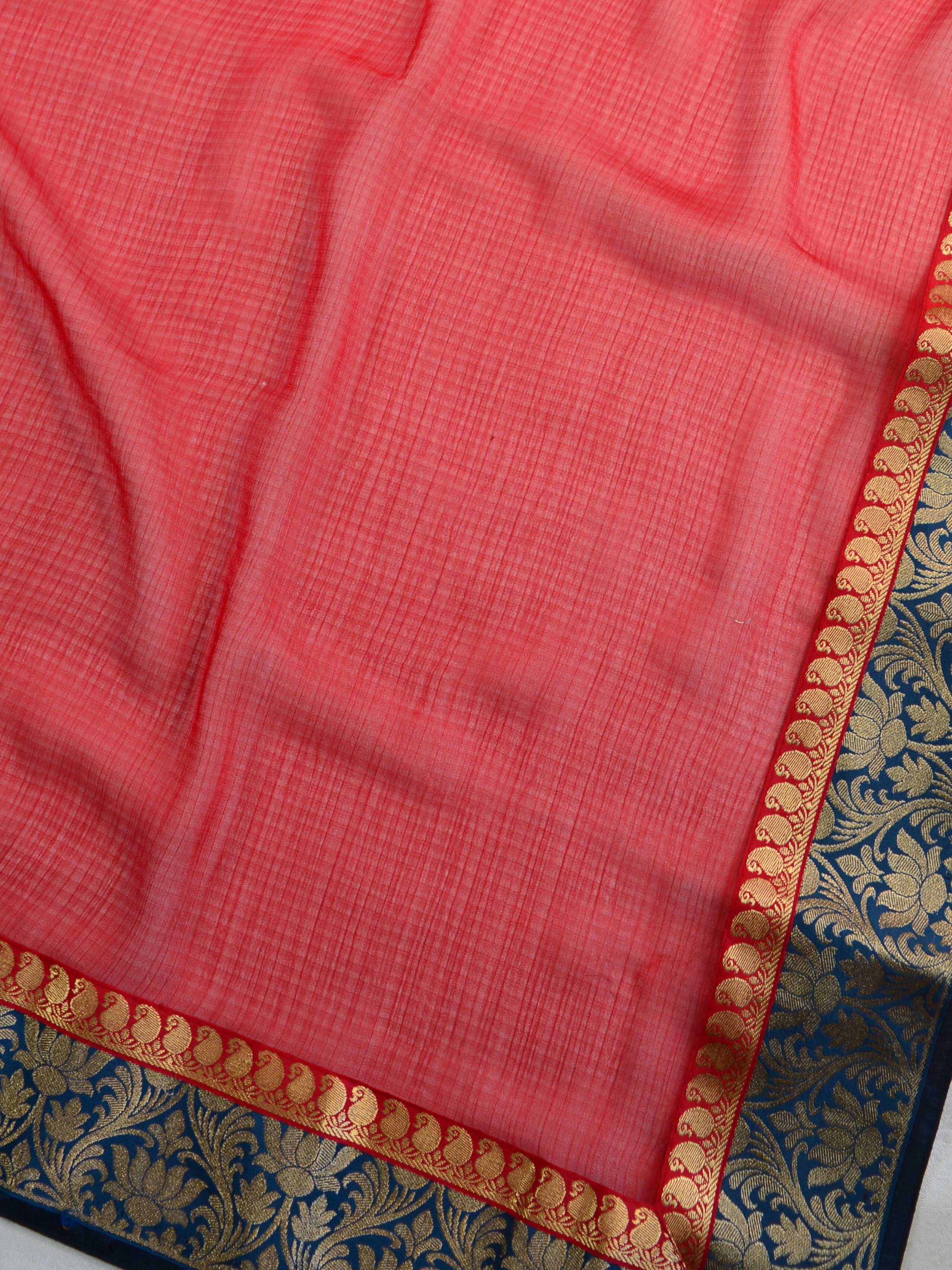 Banarasee Chiffon Blend Saree With Zari Border & Brocade Blouse-Red & Blue