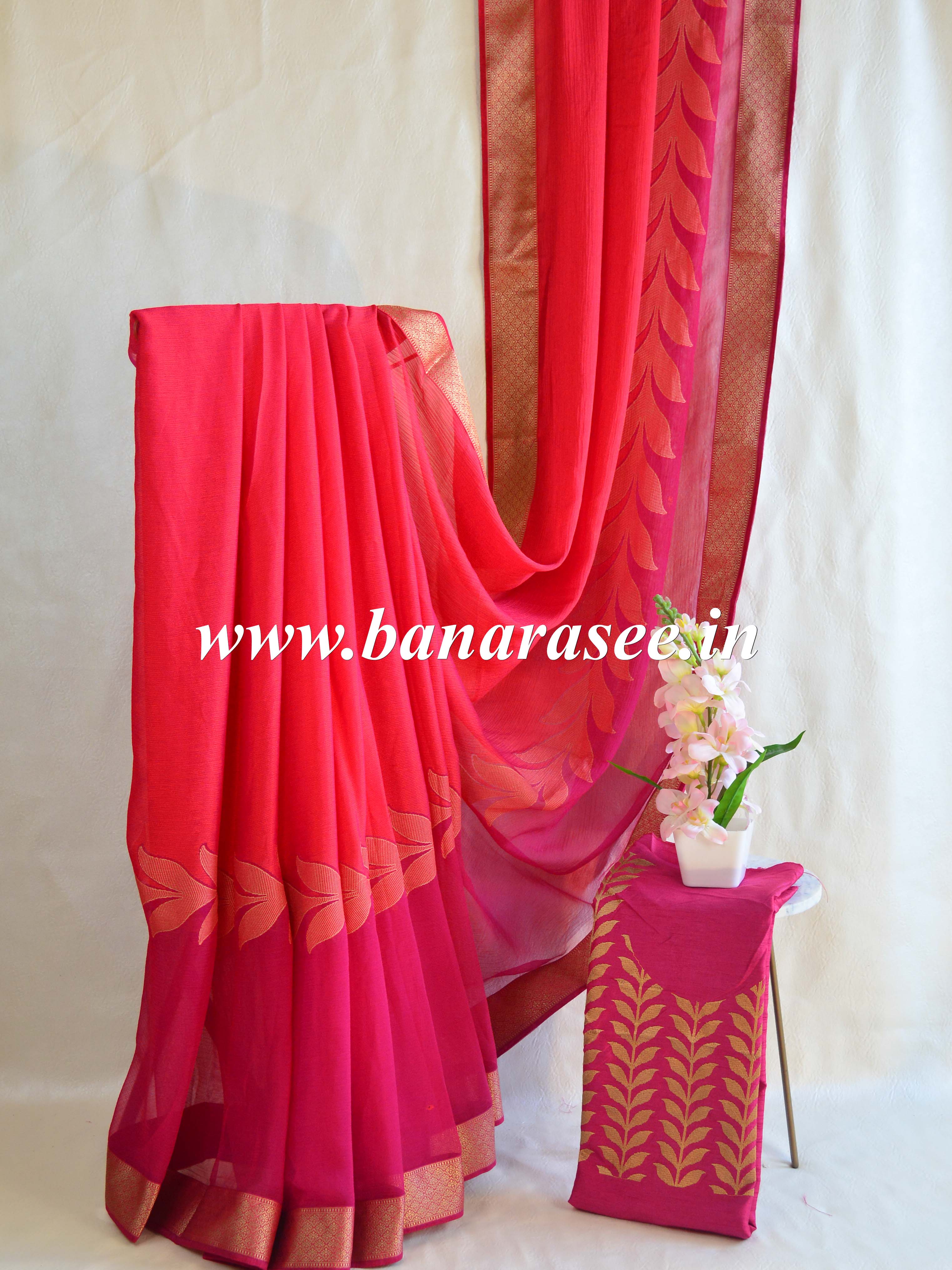 Banarasee Pure Chiffon Saree With Dual Color & Banarasee Border-Pink