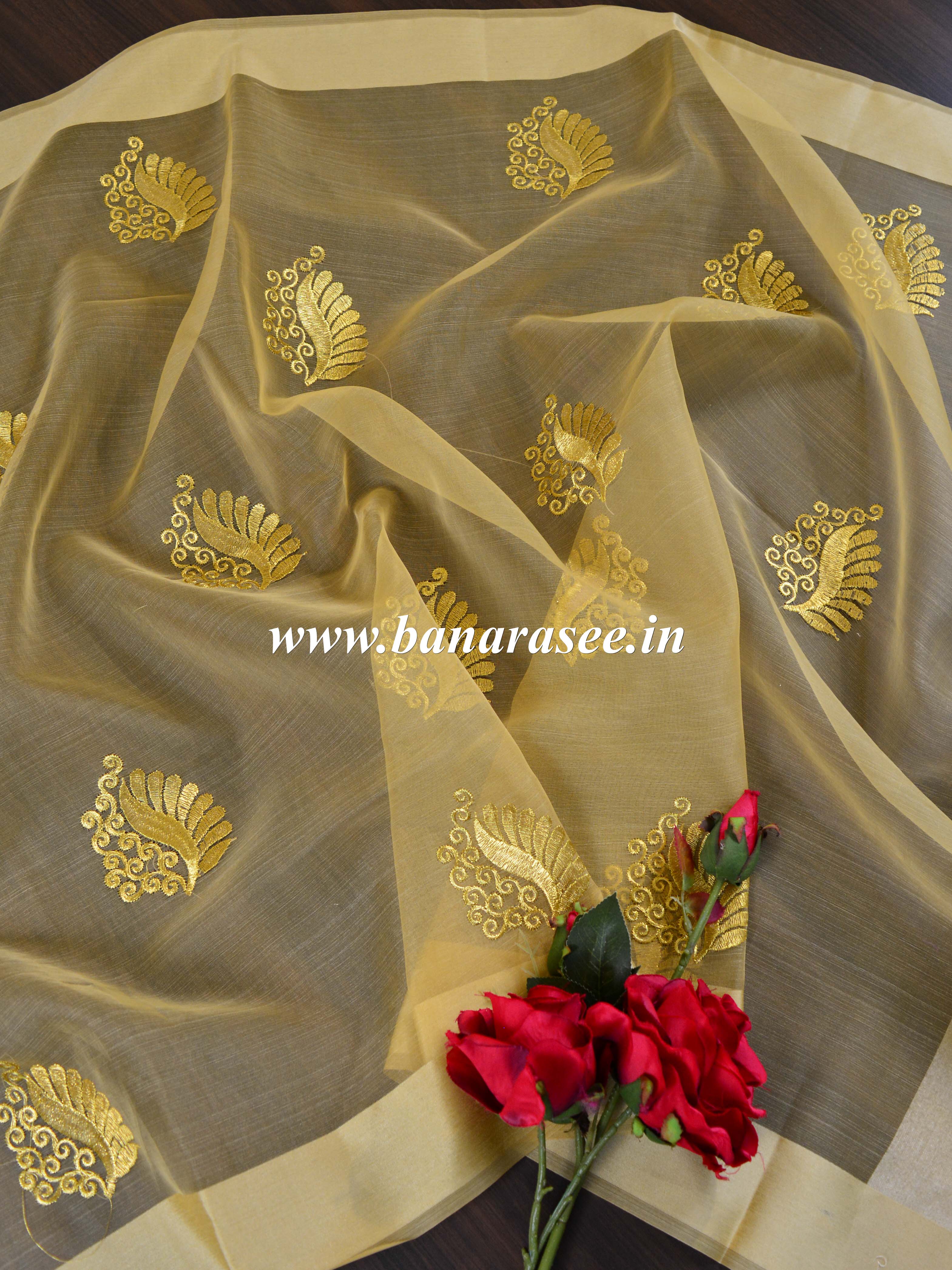 Banarasee Embroidered Gold Buta Design Organza Dupatta-Beige