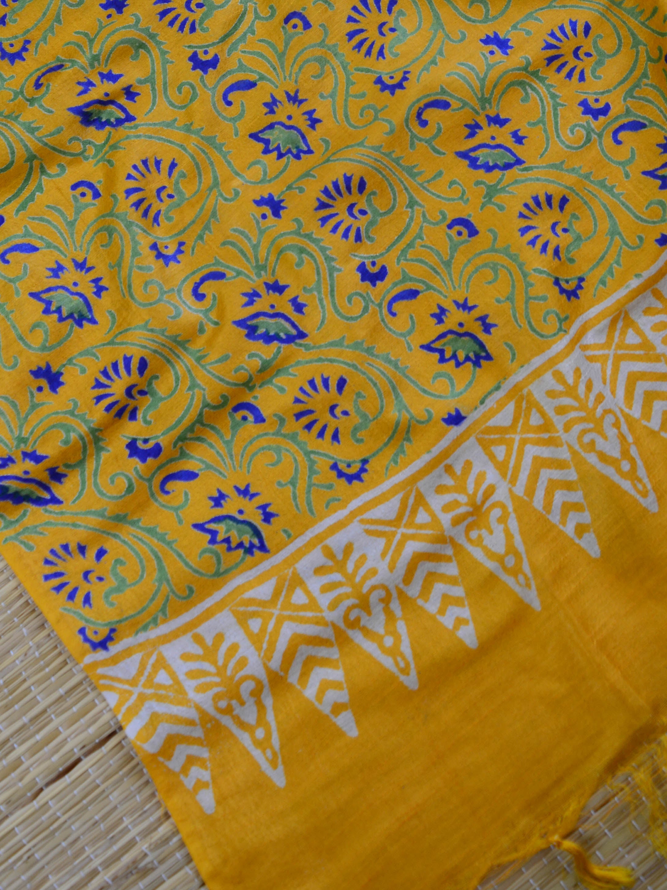 Bhagalpuri Salwar Kameez Glossy Cotton Silk Hand-Block Printed Fabric-Yellow & Black