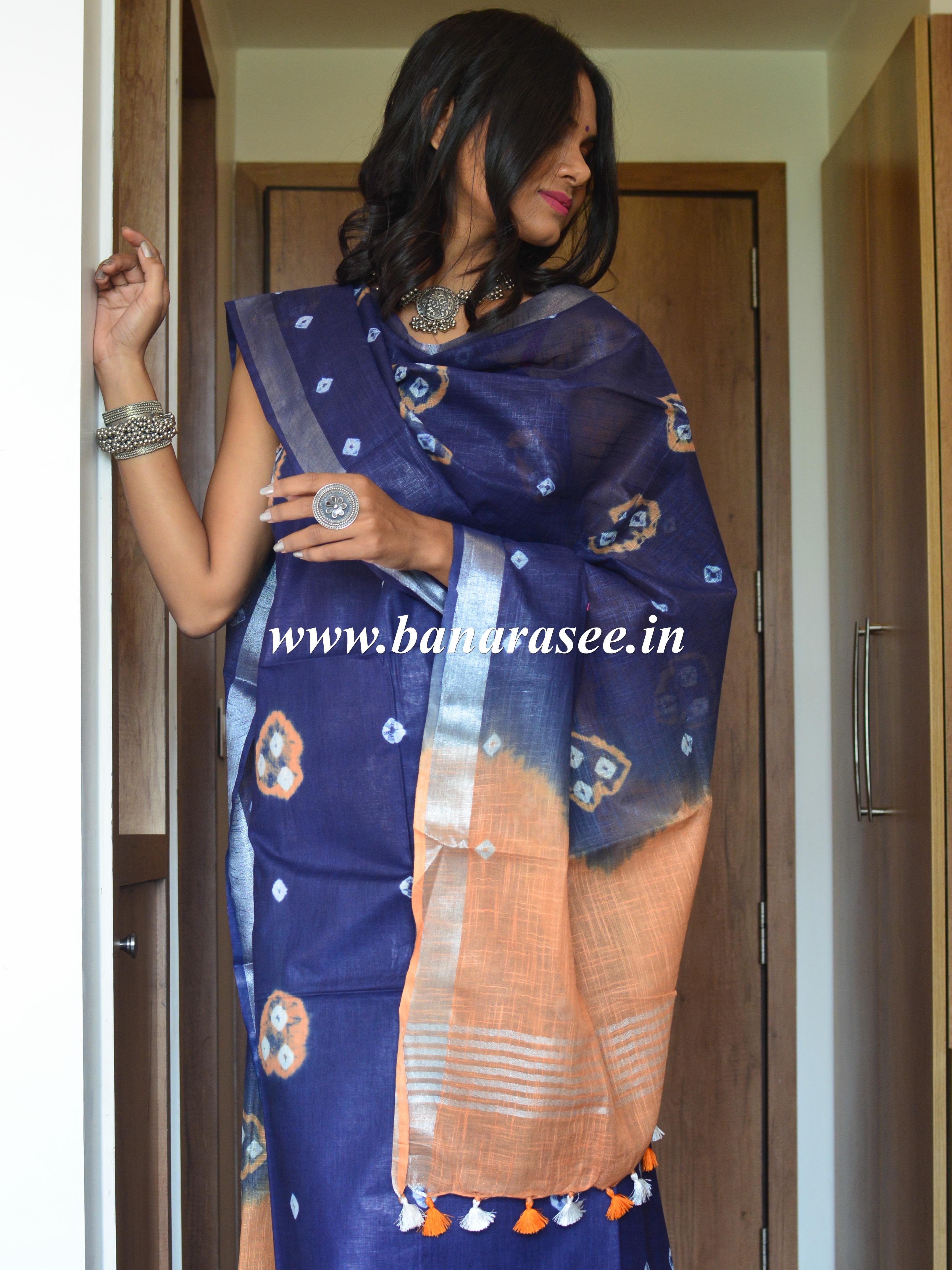 Bhagalpuri Silk Cotton Suit Set With Shibori Dye Design-Blue & Peach