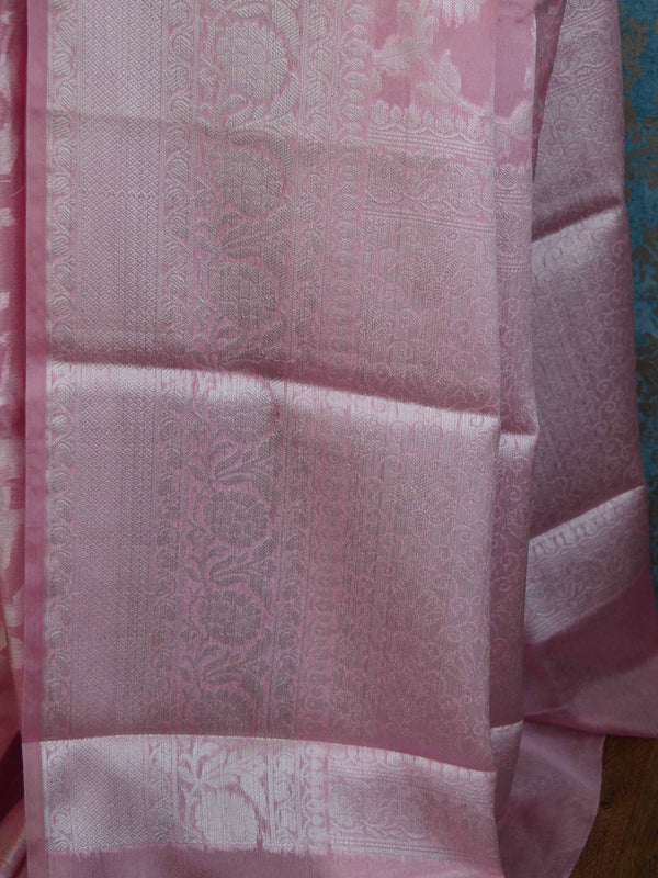 Banarasee Handwoven Semi-Chiffon Saree With Silver Zari Jaal-Pink
