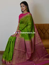 Banarasee Handwoven Pure Muga Silk Sari Buti With Floral Border & Pallu-Green