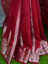 Banarasee Handwoven Semi-Chiffon Saree With Silver Zari Design & Contrast Blouse-Red