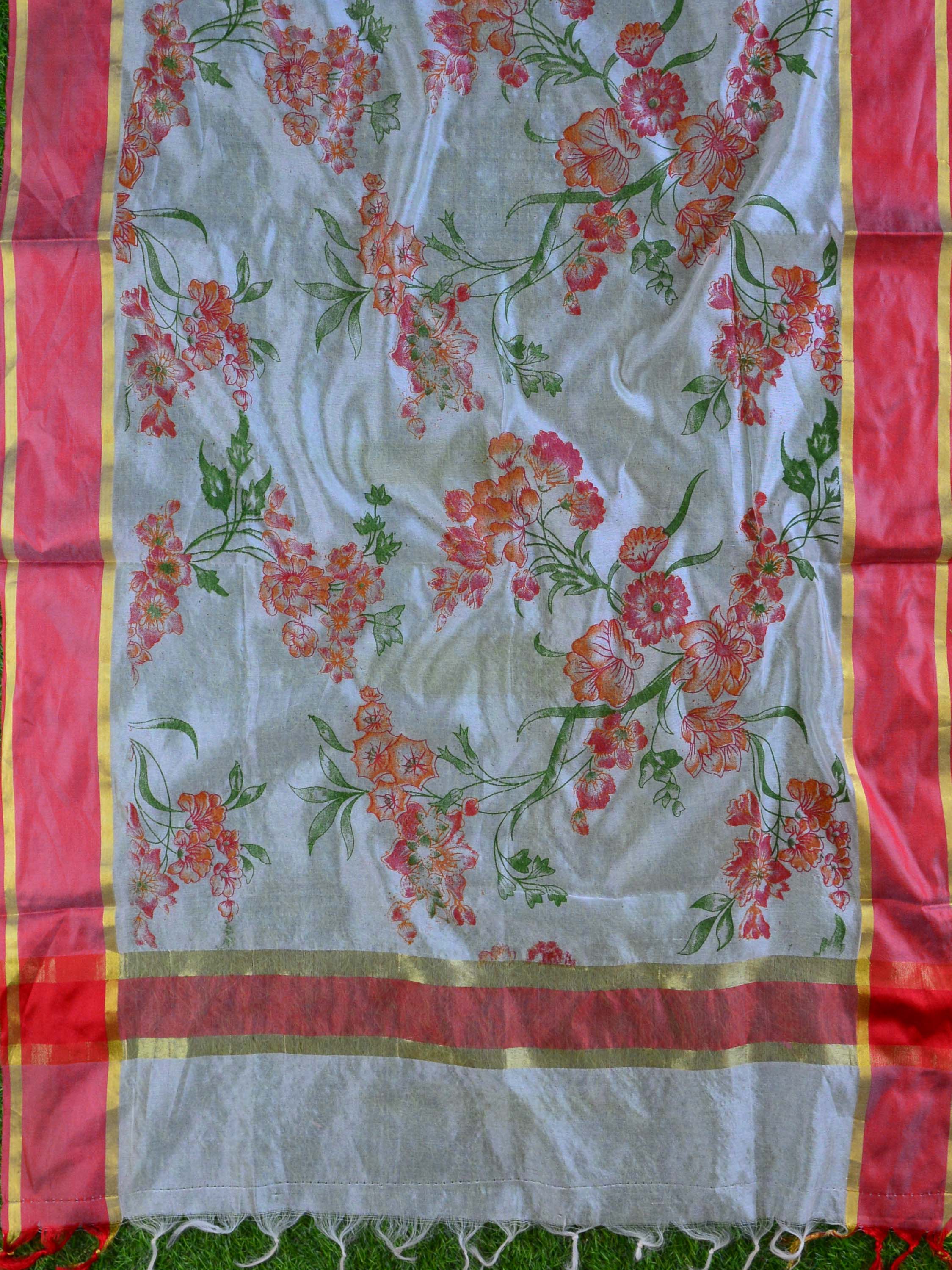 Banarasee Chanderi Cotton Dupatta With Hand-Block Printed Floral Design-White
