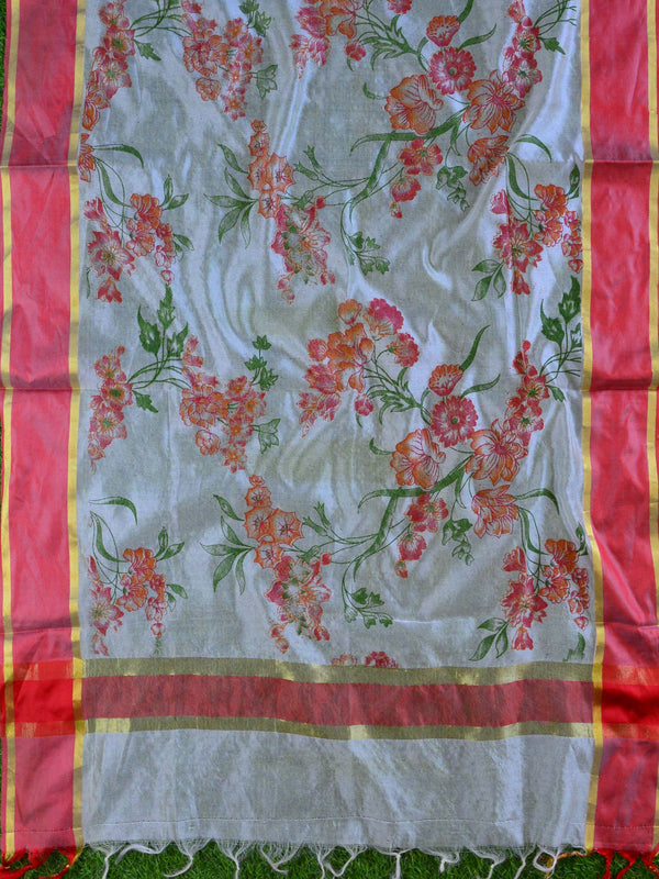 Banarasee Chanderi Cotton Dupatta With Hand-Block Printed Floral Design-White