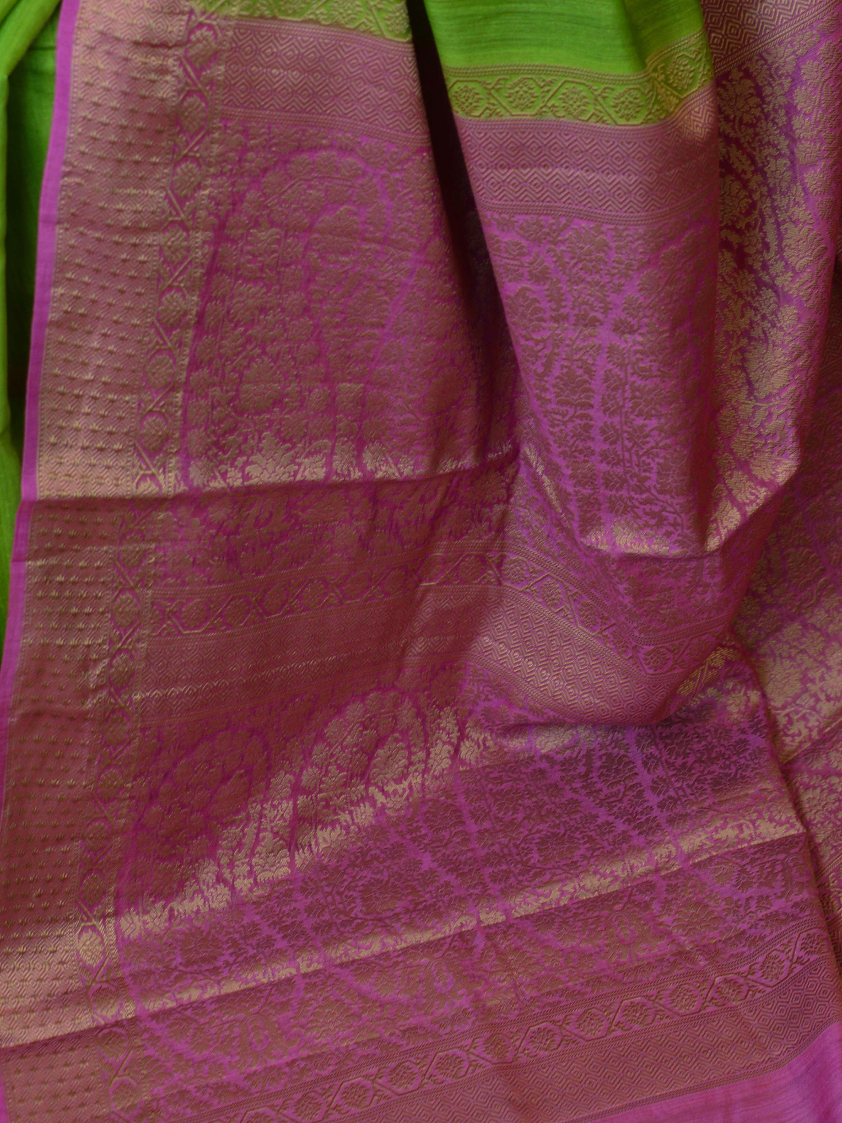 Banarasee Handwoven Pure Muga Silk Sari Buti With Floral Border & Pallu-Green