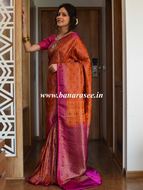 Banarasee Art Silk Saree With Floral Woven Pallu & Border-Orange & Pink