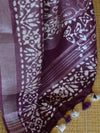 Bhagalpur Handloom Pure Linen Cotton Hand-Dyed Batik Pattern Saree-Wine