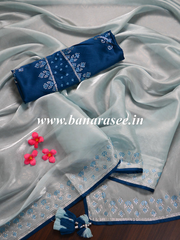 Banarasee Handwoven Plain Tissue Silk Swarovski Work Saree With Silk Blouse-Pastel Blue