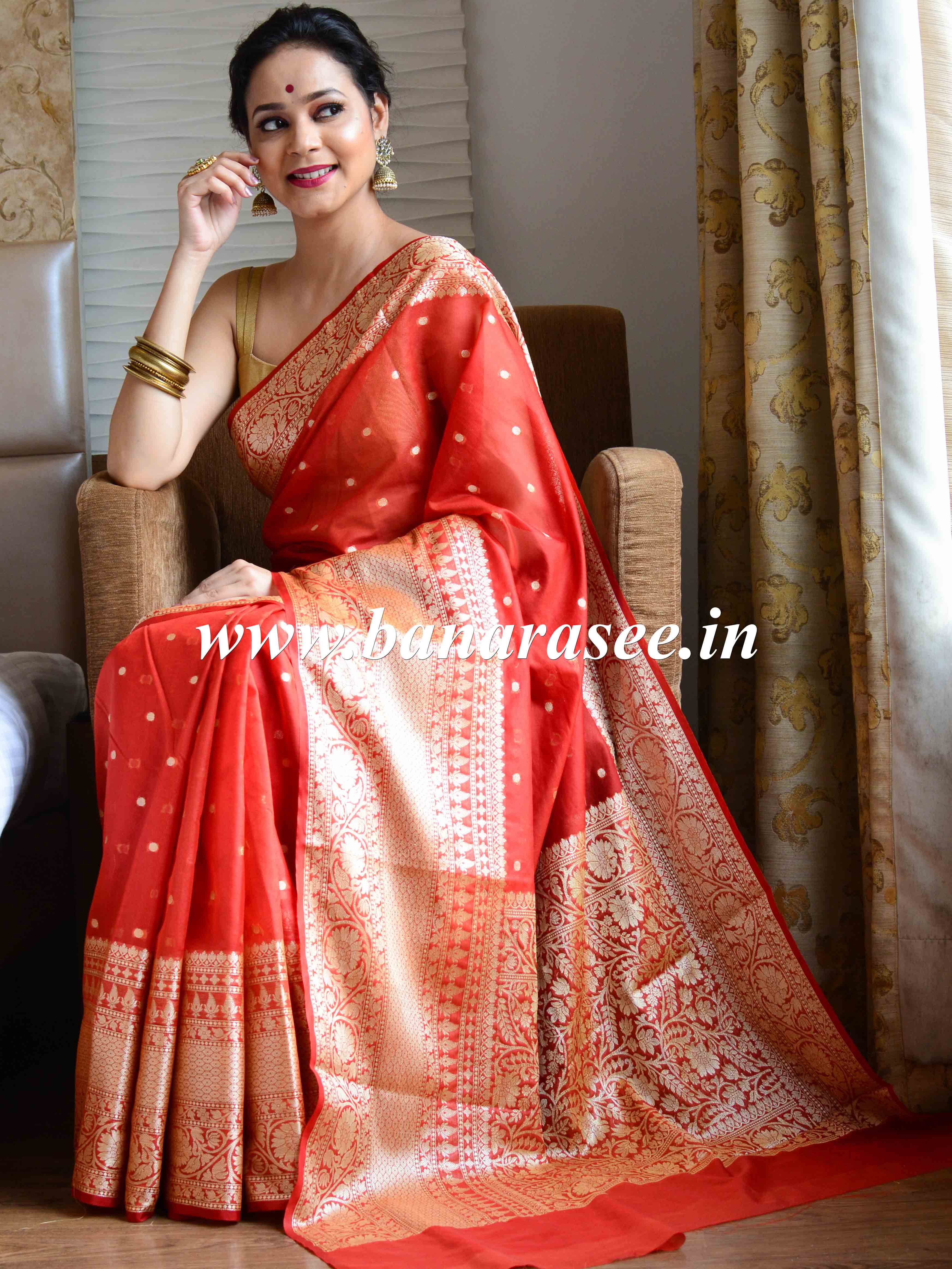 Banarasee Handwoven Semi-Chiffon Saree With Buti Design & Broad Floral Border-Rust Orange