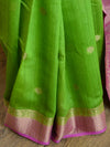 Banarasee Handwoven Pure Muga Silk Sari Buti With Floral Border & Pallu-Green