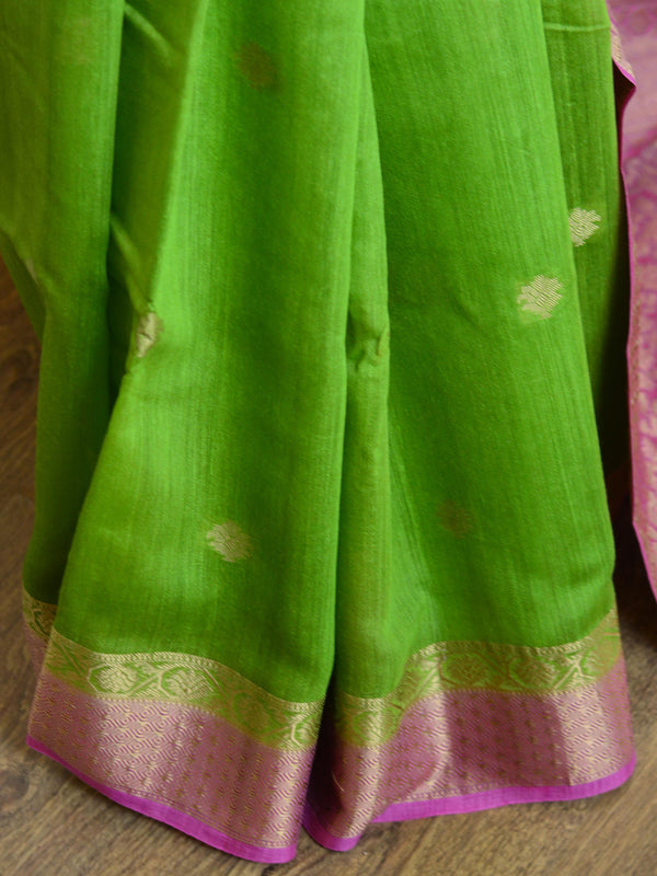 Banarasee Handwoven Pure Muga Silk Sari Buti With Floral Border & Pallu-Green