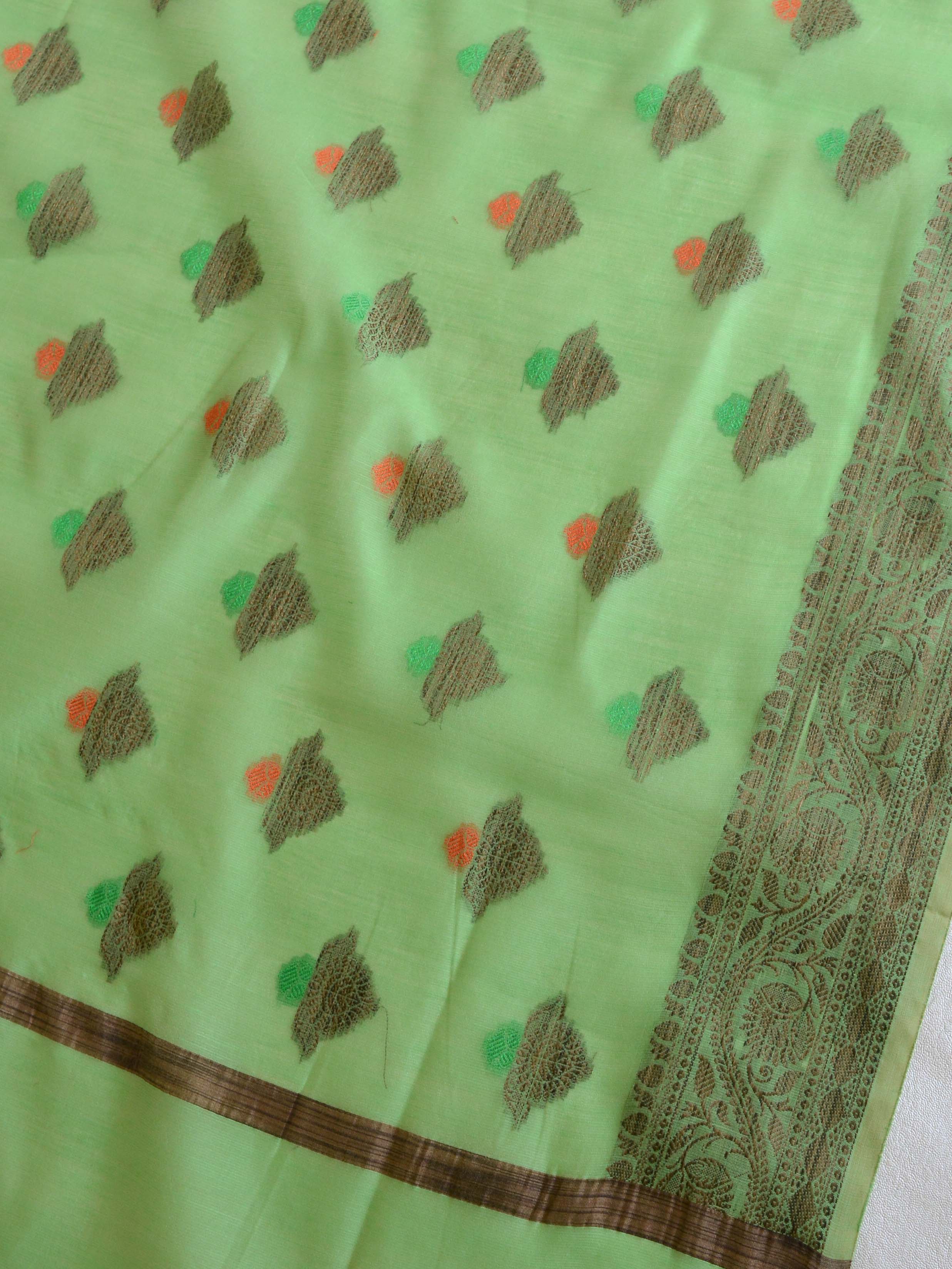 Banarasee Chanderi Cotton Salwar Kameez Fabric With Ghiccha Work-Light Green