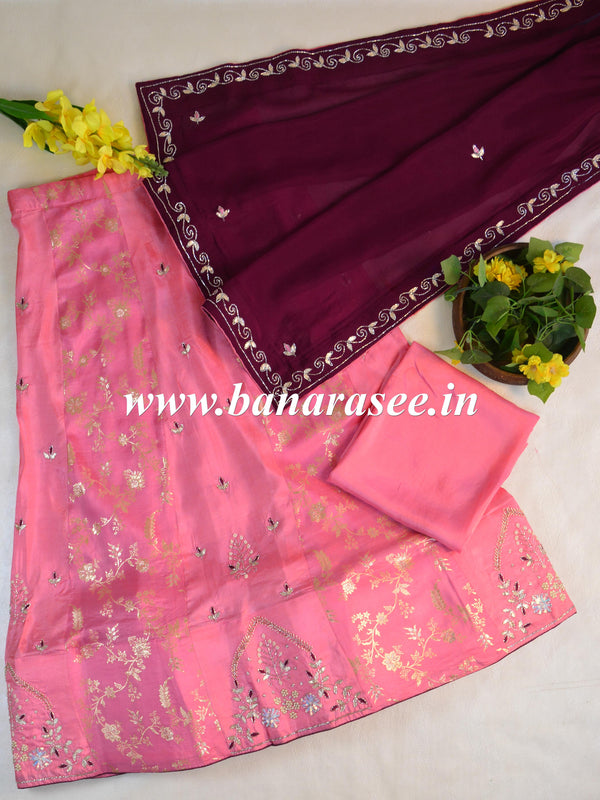 Banarasee Semi-Stitched Katdana & Zardozi Hand-Work Lehenga Blouse & Dupatta-Pink