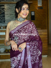 Bhagalpur Handloom Pure Linen Cotton Hand-Dyed Batik Pattern Saree-Wine