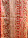 Banarasee Handwoven Semi-Chiffon Saree With Buti Design & Broad Floral Border-Rust Orange