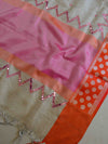 Banarasee Tissue Mirror Work Saree With Pink Silk Blouse-Silver