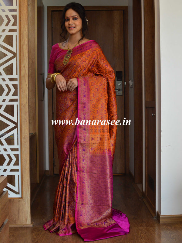 Banarasee Art Silk Saree With Floral Woven Pallu & Border-Orange & Pink