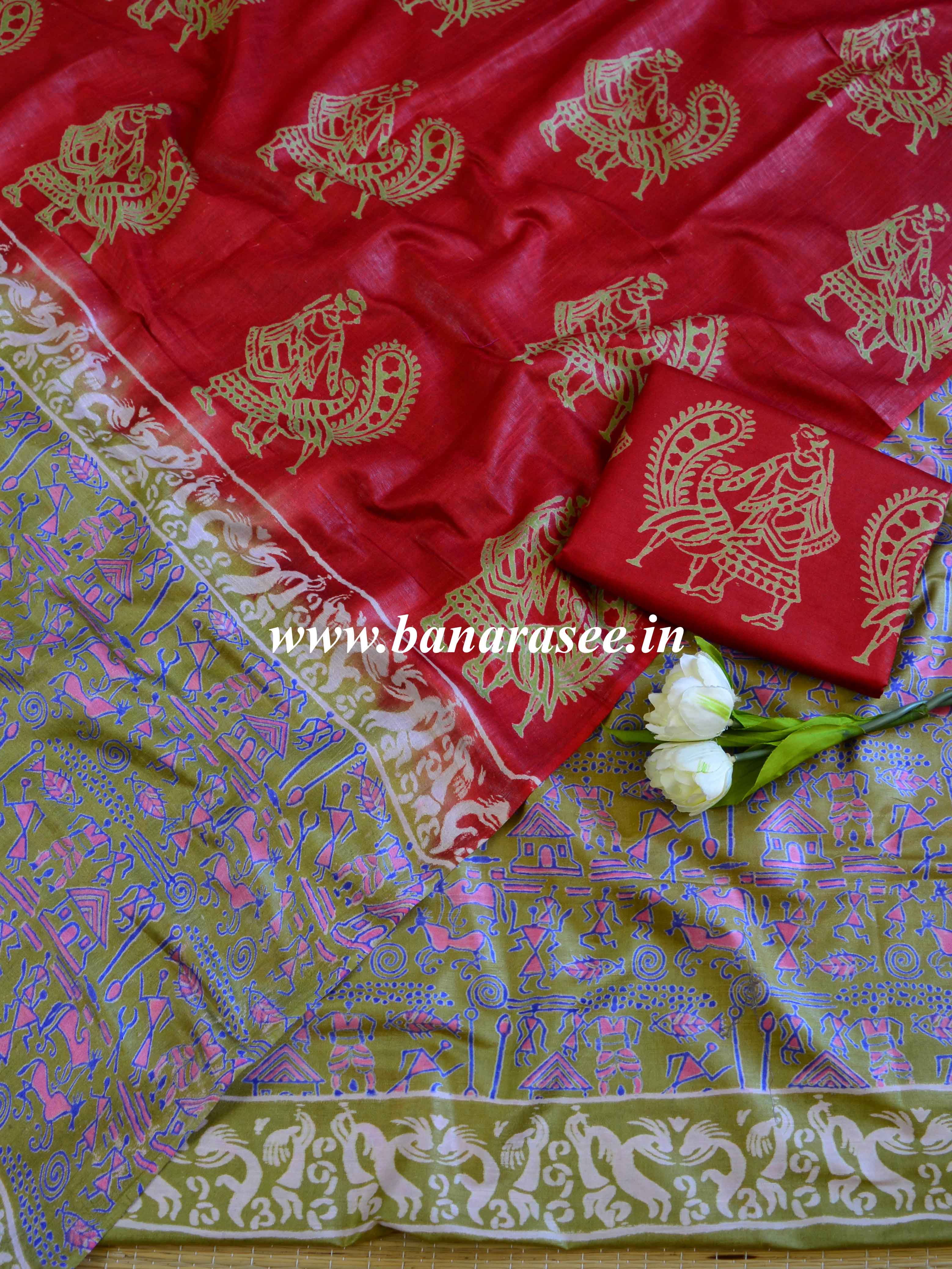 Bhagalpuri Salwar Kameez Glossy Cotton Silk Hand-Block Printed Fabric-Green & Red