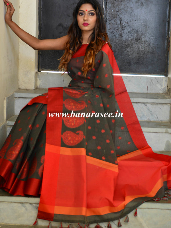 Banarasee Cotton Silk Saree Resham Buti Design & Border-Black