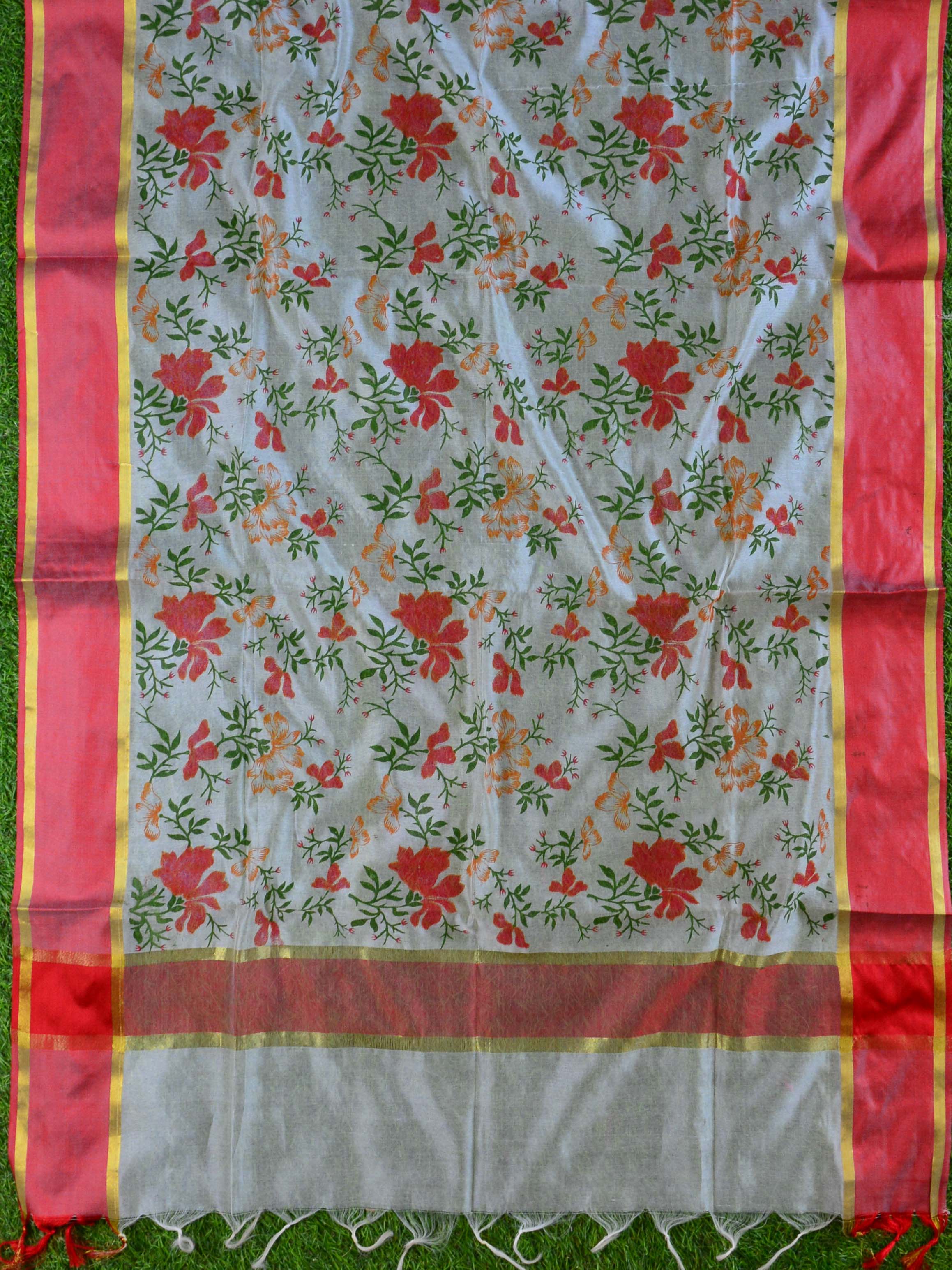 Banarasee Chanderi Cotton Dupatta With Hand-Block Printed Floral Design-White
