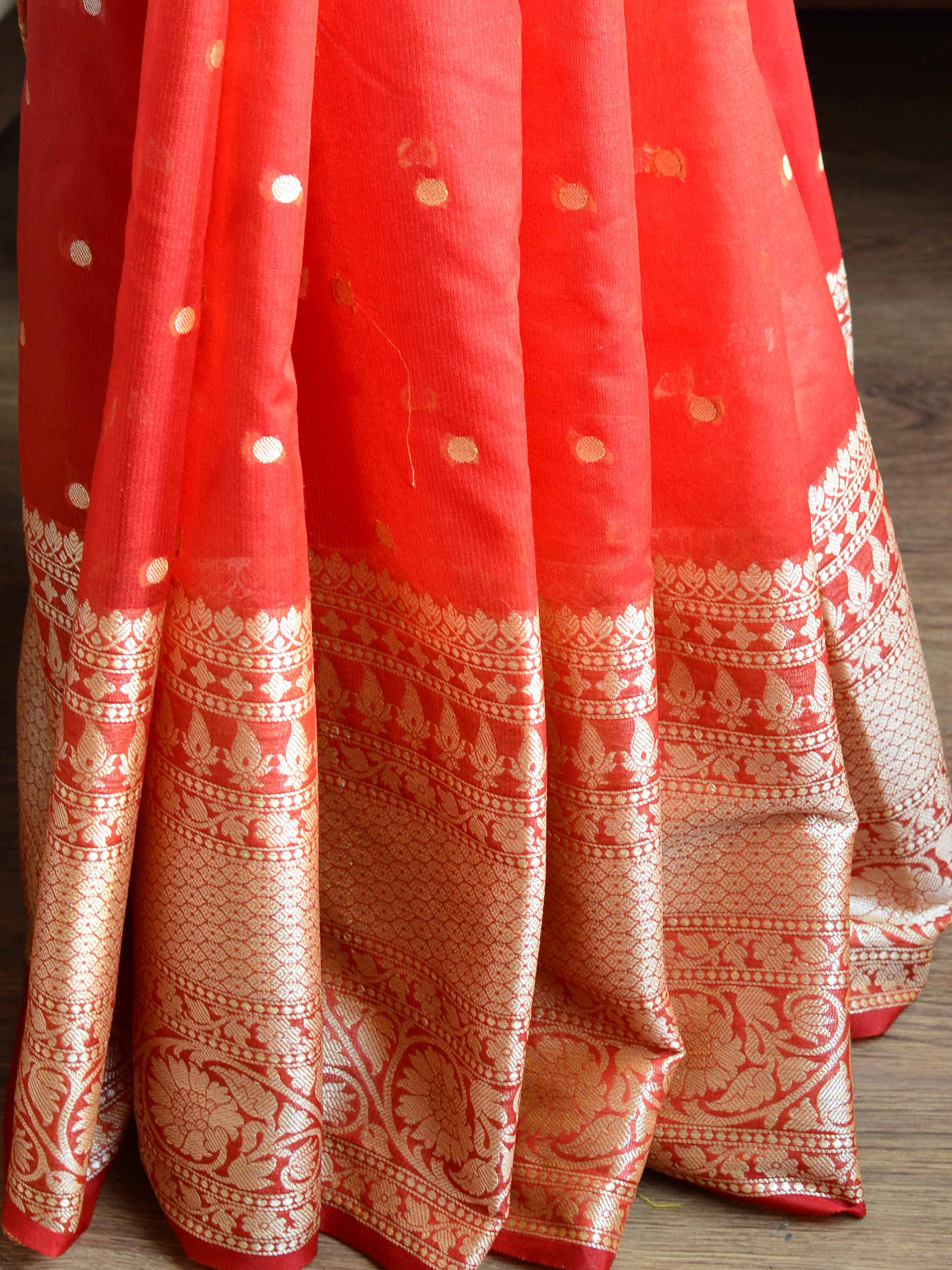Banarasee Handwoven Semi-Chiffon Saree With Buti Design & Broad Floral Border-Rust Orange