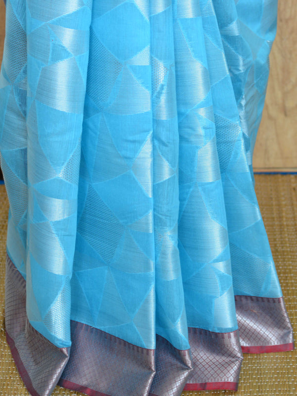 Banarasee Cotton Silk Saree With Geometrical Silver Zari Design & Border-Sky Blue