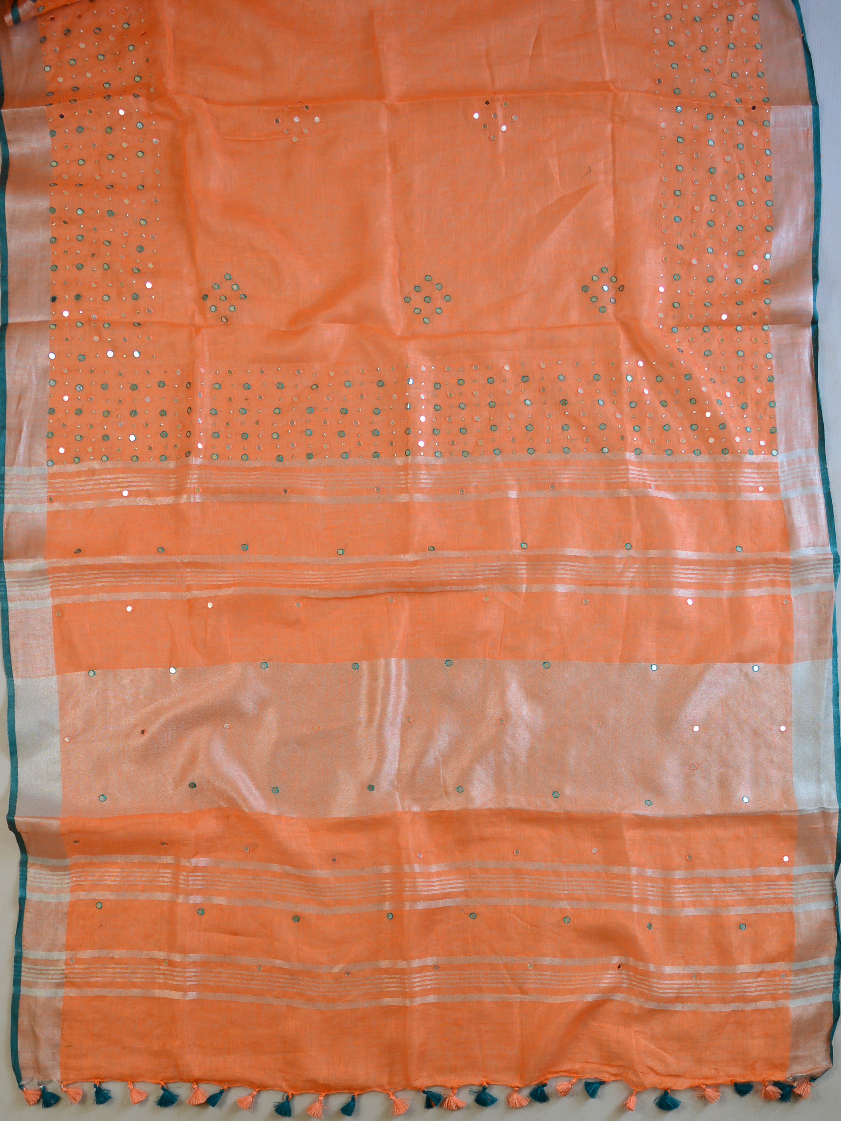 Banarasee Handloom Pure Linen Saree With Mirror Work-Orange & Green