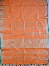 Banarasee Handloom Pure Linen Saree With Mirror Work-Orange & Green