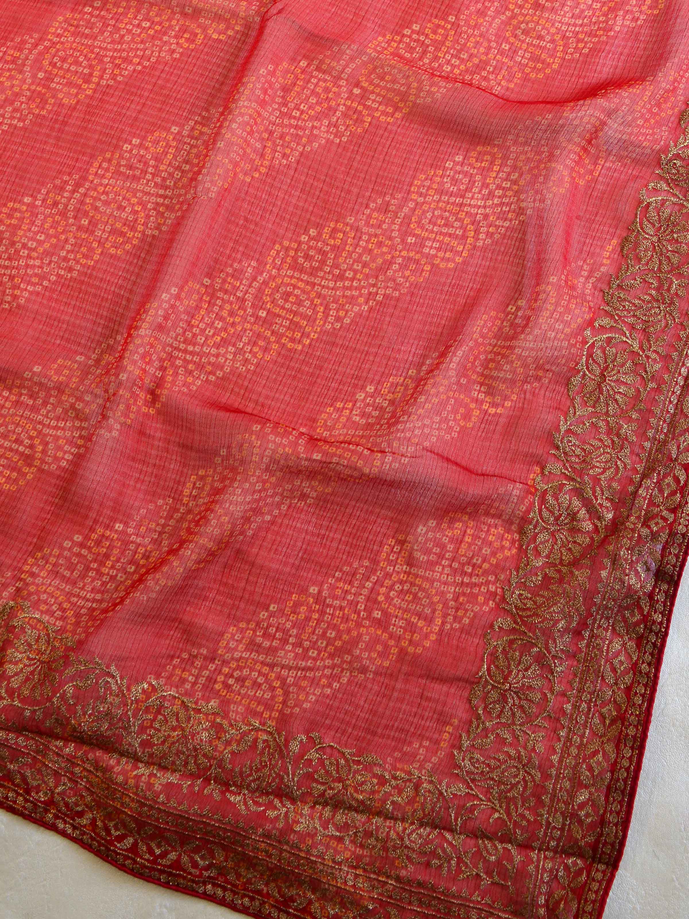 Banarasee Chiffon Blend Saree Chunri Print Zari Embroidered Border & Silk Blouse-Red
