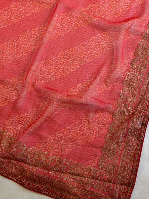 Banarasee Chiffon Blend Saree Chunri Print Zari Embroidered Border & Silk Blouse-Red