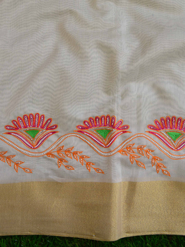 Banarasee  Hand-Embroidery Chanderi Cotton Salwar Kameez Fabric With Contrast Dupatta-Off White
