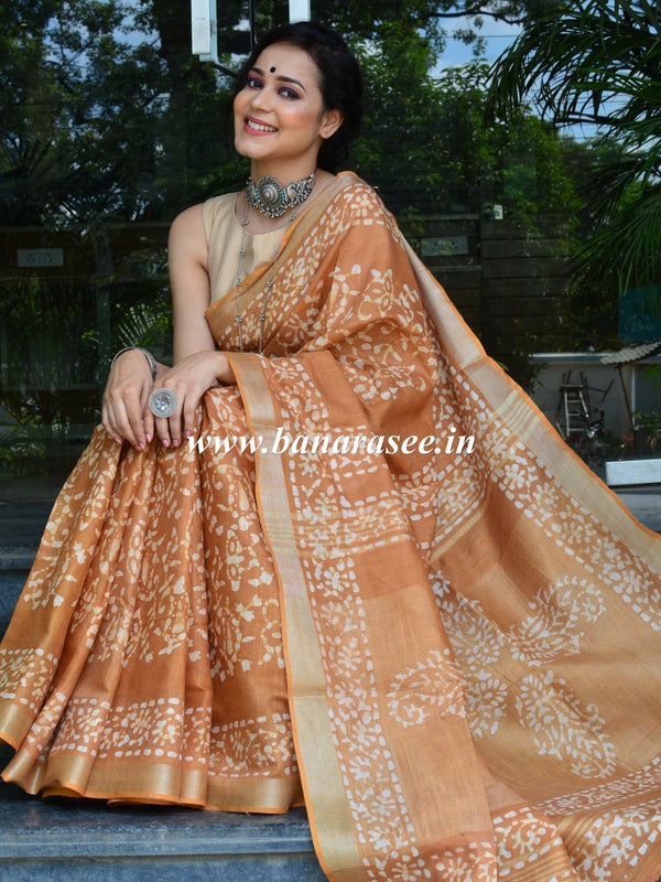 Bhagalpur Handloom Pure Linen Cotton Hand-Dyed Batik Pattern Saree-Light Brown